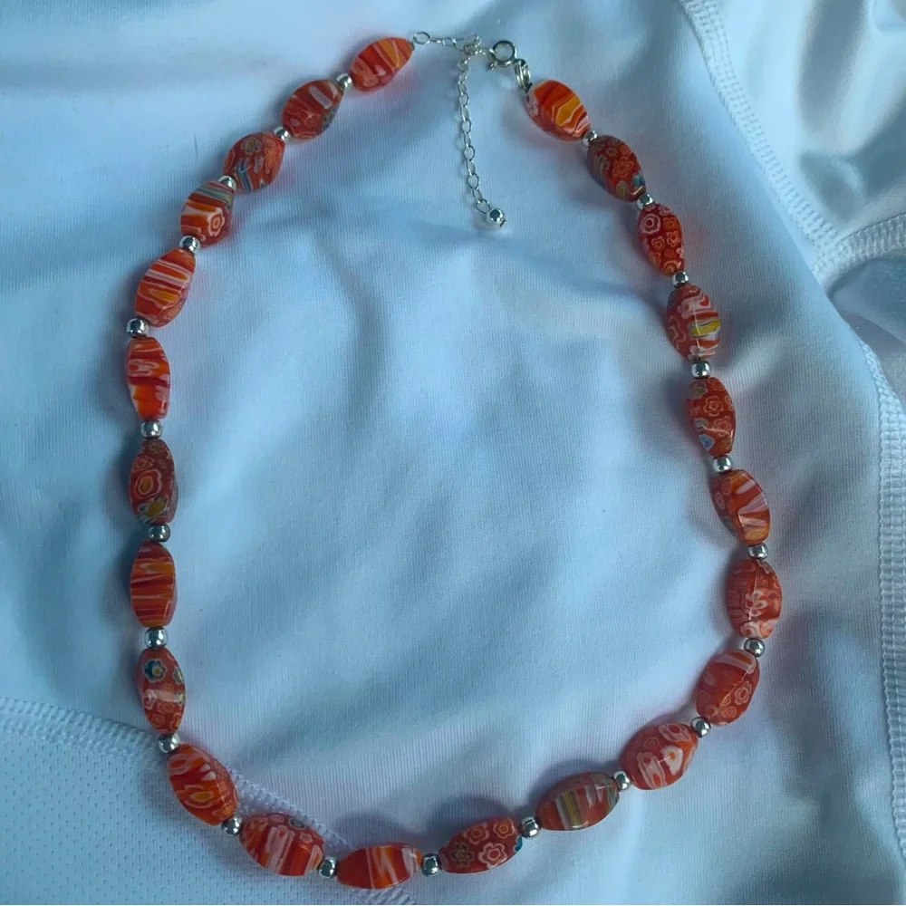 Unique Glass Beads (Mainly Orange) Total Length 21” can be made shorter w/clasp - Picture 2 of 16